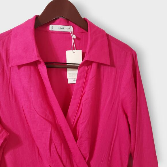 NWT Mango MNG Linen Blend Wrap Maxi Dress Hot Pink Sz 8 Coastal Vacay Casual - Picture 4 of 14
